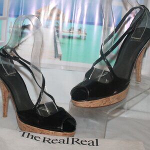 $385 Stuart Weitzman Exsling Patent Leather Strappy Cork Heels Sandals Real Real